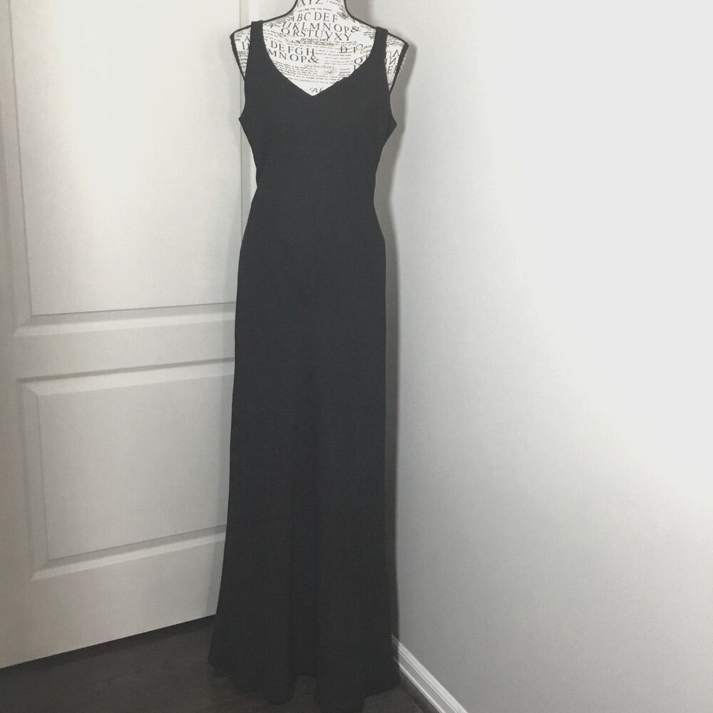 Vintage long black formal gown prom special occasion military ball low back 10/M